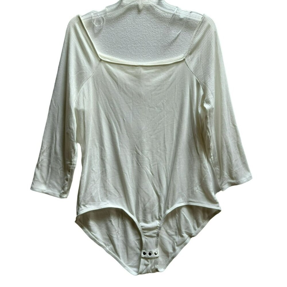 NY Collection Ivory Ribbed Square Neck Long Sleeve Bodysuit USA Sz XL NEW